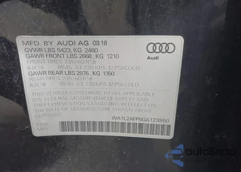 2016 Audi Q5 2.0T Premium z USA, uszkodzony, nr VIN WA1L2AFP6GA123950